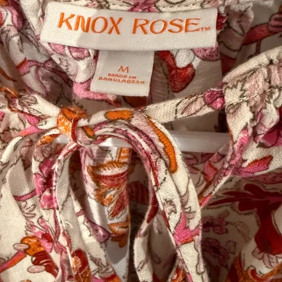 Knox Rose Vibrant Pink Coral Floral Peasant Top Boho Shirt Short Sleeve Shirt - Picture 2 of 7